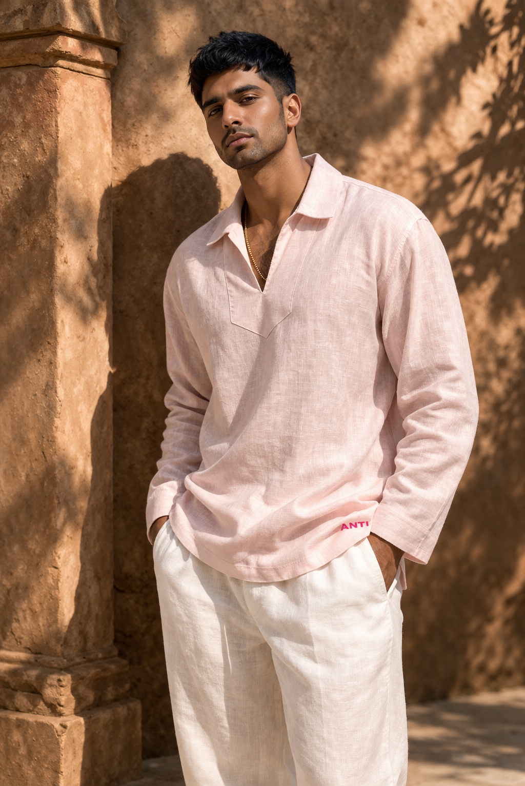 BABY PINK LINEN T - SHIRT