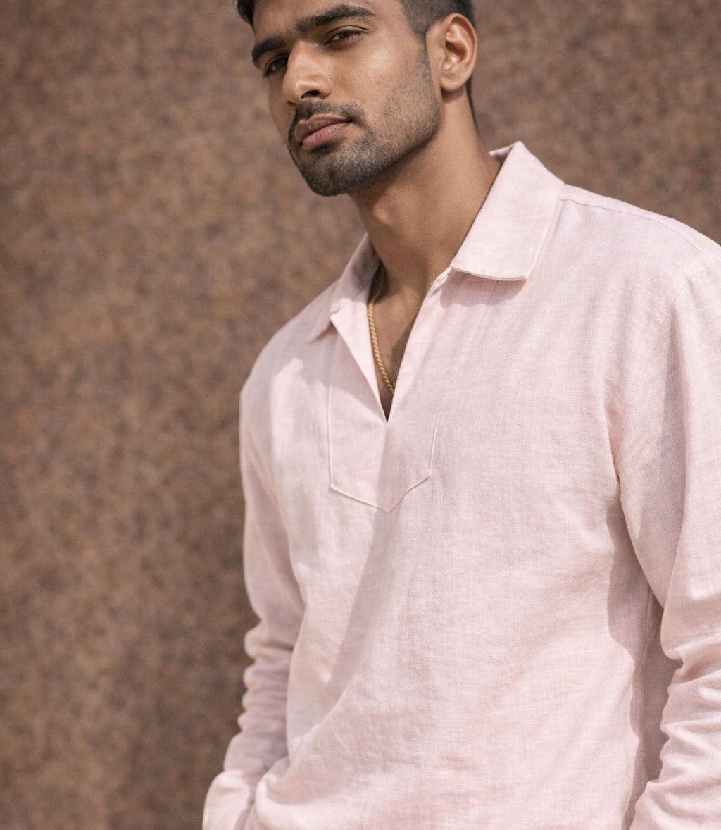 BABY PINK LINEN T - SHIRT